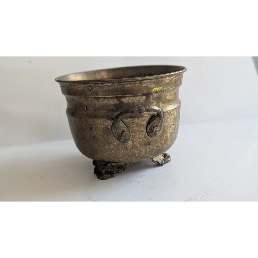 Vintage Hand Crafted Brass Footed Cauldron Planter Pot Handles Made in India